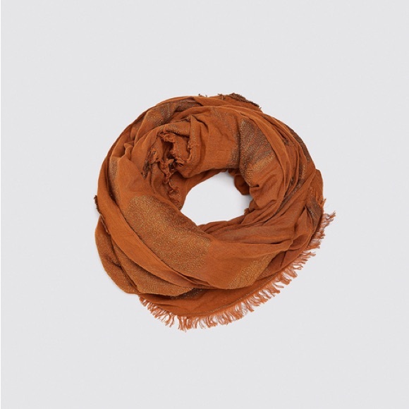 Zara Metallic Thread Floral Orange Scarf - Picture 2 of 11